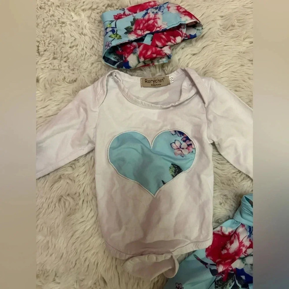 RoryChen Bay and Kids Matching floral blue with pink flowers outfit size 70 - Picture 3 of 6